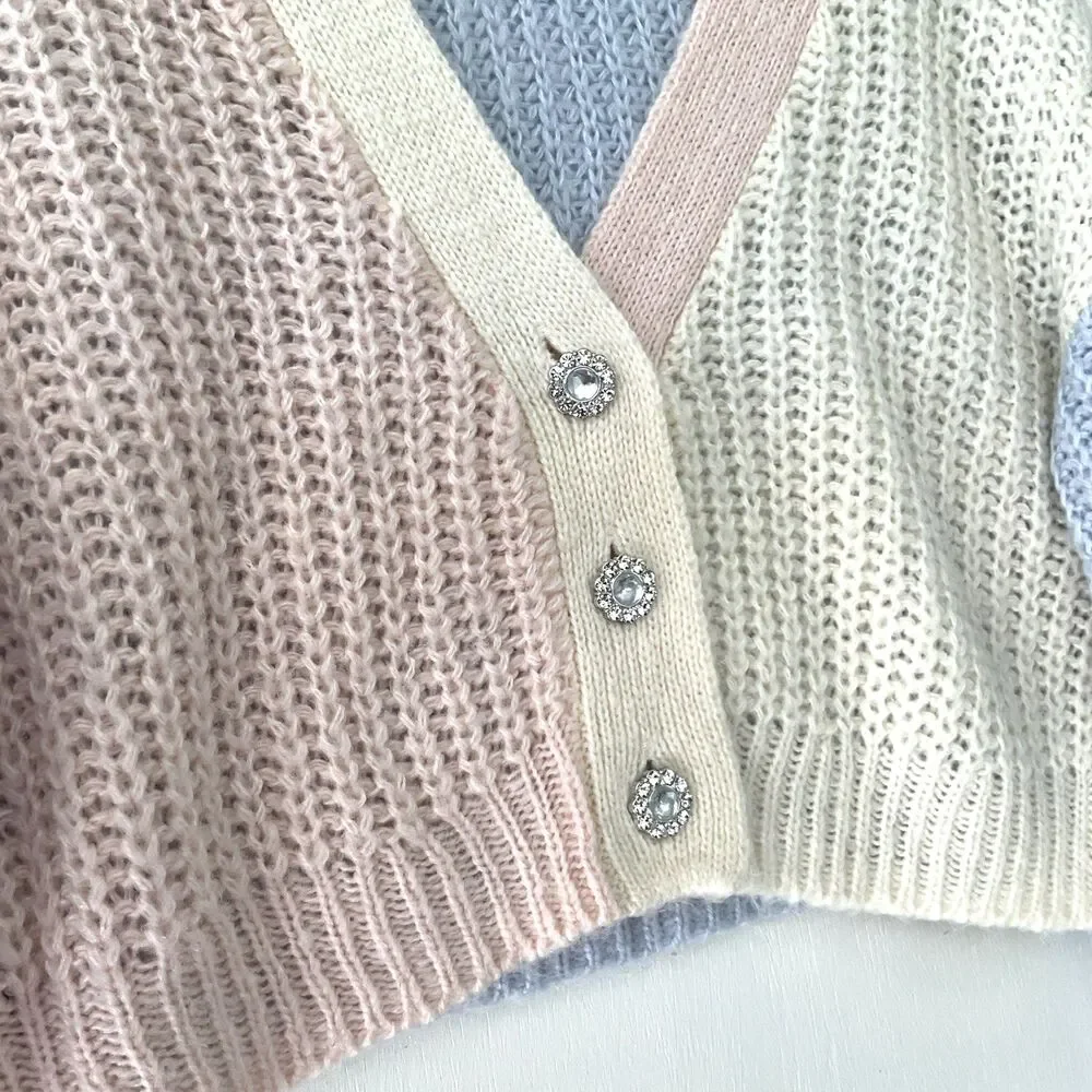 SO Pastel Color Block Cropped Cardigan Size S Rhinestone Clueless 90s Y2K